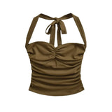 Daiiibabyyy  New Women's Fashion Sexy Backless Halter Neck Tie-up Ruched Tube Top Ultra-short Camisole Top In Solid Color Pure Desire F1MR