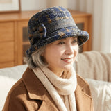 Daiiibabyyy  Vintage Thickened Middle Aged Women Bucket Hat Windproof Warm Bow Top Hat Short Brim Faux Woolen Cloche Hat Elderly Mom