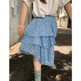 Daiiibabyyy  Streetwear Floral Midi Skirt Women Fashion Ruffles Asymmetrical Skirts Summer Ladies Elegant Korean Blue Design A Line Faldas