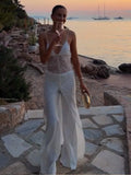 Daiiibabyyy  White Lace Sheer Corset Maxi Dress Eyelash Lace Trim Bodice High Slit Satin Skirt Summer Bridal Evening Party Women Outfit