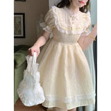 Daiiibabyyy  Spring and Summer French Sweet Bow Lace Embroidered Short Slimming High-Waist Princess Dress for Women