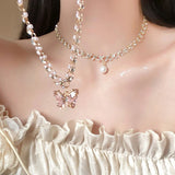 DAIIIBABYYY  -  Luxury Crystal Butterfly Pearl Necklace Women's Light Luxury Twine Pearl Pendant Chokers Collarbone Chain Elegant Jewelry Gifts