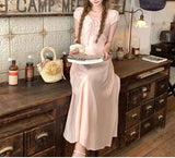 Daiiibabyyy  Women's Clothing French Style V-Neck Long Dress Stylish Drawstring Bow Summer Short Sleeve Vintage Elegant A-Line Waist Dresses