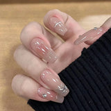 Daiiibabyyy 10PCS Detachable Nude Magic Mirror glitter flashing aurora false nails with glue full cover ballet acrylic press on fake nails