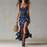 Daiiibabyyy  New Bohemian Vintage Ruffled Sleeveless Camisole High Slit Dress Ideal for Summer Occasions
