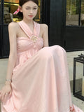 Daiiibabyyy Women Elegant Pink Sleeveless Backless Long Dresses Summer Holiday Goddess High Waist Halter Pleated A-line Sundress Vestido