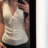 Daiiibabyyy  Spicy Girl Low Cut V-neck Strap Hanging Neck Tank Top Exquisite White Backless Women Slim Fit Slimming Look Camisole