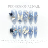 Daiiibabyyy 10Pcs Blue French Y2k Nail Tips Long Ballet Handmade Fake Nail With 3D Fairy Butterfly Diamond Pearl Decoration False Nails Art