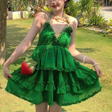 DAIIIBABYYY  -  Summer Fashionable Hollow Out Ruffles Solid Color V-neck Mini Dress Femme Lolita Sweet Pleated Women Clothing Slim Sexy Dress