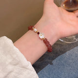 Daiiibabyyy  Purple Pink Crystal Pearl Beaded Bracelet New Flower Bead Tassel Design Exquisite Elastic Elegant Bracelet Women's Jewelry Gift