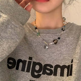 Daiiibabyyy  Korean Crystal Flower Love Pendant Necklace for Women New Trendy Beaded Choker Necklace Y2K Jewelry Accessories