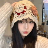 Daiiibabyyy  Cute Tassels Crochet Knitted Hat Hollow Out Handmade Knit Cap Korean Bohemian Style Weave Cap Travel