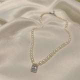 Daiiibabyyy  Vintage Shiny Cubic Zircon Square Pendant Necklace for Women Elegant Imitation Pearl Necklace Sweater Chain Party Jewelry Gifts