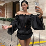 DAIIIBABYYY  -  Sexy Slash Neck Ruffles Super Mini Dress Strapless Hollow Backless Sheer Shirt Fashion Off Shoulder Ballet Blue Black Blouse