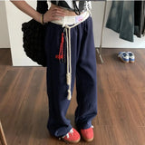 DAIIIBABYYY  -  Pure Cotton Autumn Casual Pants Women High Street Straight Wide -leg Pants Loose Versic Embroidery Beam Sports Guard Pants Tide