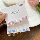 DAIIIBABYYY  -  Sweet Girls INS Pink Blue Bow-knot Ball Flower Stud Earrings Set for Women Korean Fashion Bow Earring Party Jewelry Gift