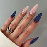 Daiiibabyyy 24Pcs Almond False Nails Glitter Gradient Blue Fake Nails with Glue Stiletto Wearable Spike Full Cover Nail Tips Press on Nails