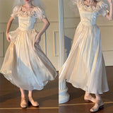 Daiiibabyyy Women Fashion Sweet Vintage Dress Tighten The Waist 2024 Spring Summer New Fashion Dress French Style Kawaii Lovely Dress