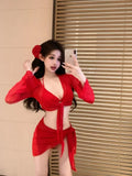 DAIIIBABYYY  -  Pure and Sexy Red Bikini Four-piece Set Split Swimsuit for Women New Long-sleeved Meat-covered Hot Spring