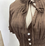 Daiiibabyyy  Hollow Out Solid Y2k V Neck Short Sleeve Single Breasted Lace-up Slim Women Shirt