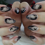 Daiiibabyyy  24Pcs Mid-length French Almond Fake Nails Tips Polka Dot Black Flower Sumdge Press on Nails Silver Moon Star Reusable False Nail