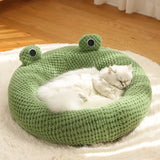 DAIIIBABYYY  -  Plush Warm Green Cat Dog Beds Nesting Basket Frog Shape Cartoon Cat Kennel Beds Pet Accessories