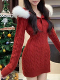 Daiiibabyyy  Dress gentle Versailles knitted wool hooded red women's clothing new long-sleeved slim-fitting and thin hip-wrapped skirt