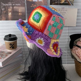 Daiiibabyyy  Wind Flower Handmade Wool Crochet Bucket Hat Women's Big Brim Retro Grandmother Grid Splicing Crochet Bucket Hat