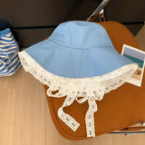 DAIIIBABYYY  -  Korean Simple Temperament Lace Blue Bucket Hat Women's Summer Fashion Vacation Big Brim Sunshade Strap Foldable Sun Cap Gorras