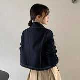 DAIIIBABYYY  -  Women's Retro Lapel Topstitch Design Short Jackets Spring and Autumn Solid Color Versatile Loose Casual Temperament Zipper Coats
