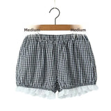 DAIIIBABYYY  -  Street Style Cotton Blend Lace Patchwork Black White Grid Sleeveless Top with Elastic Waist Flower Bud Shorts Women's Set