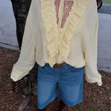 Daiiibabyyy  2025 Elegant Sexy Chiffon Summer Tops Pleated Ruffles Trim V-neck Long Sleeved Sheer Loose Shirts Blouse Holiday Streetwear