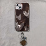 Daiiibabyyy  Whirlpool Pattern IND Irregular Brown Love Phone Case with Love Pendant for iPhone 11 12 13 14 15 16 17 Pro Max