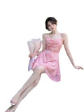 Daiiibabyyy  New Pink Romantic Floral Skirt Summer Slimming Solid Color Fashionable and Fresh Short Skirt Small Slim Strap Dress S6YW