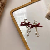 Daiiibabyyy  Black Red Velvet Bowknot Drop Earrings for Women Vintage Rhinestones Imitation Pearl Drop Earrings Jewelry  Dating Party K