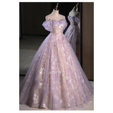 Daiiibabyyy  Light Luxury Pink Purple Evening Dress Women Sweet Pleated Off The Shoulder Flower Applique Prom Gown Sequins A-Line Vestido