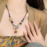 DAIIIBABYYY  -  National Style Color Beads Butterflies Necklace Female Temperament Thin Rope Collarbone Chain Adjustable Chain Jewelry