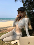 DAIIIBABYYY  -  American Hot Girl Hollow V-neck T-shirt for Women's Spring Long-sleeved Grey Slim Fit Sexy Short Top Fashion Female Clothes