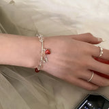 Daiiibabyyy  Funny Transparent Glass Beads Red Enamel Strawberry Simulation Fruit Flower Pendant Charm Bracelets for Women Accessories