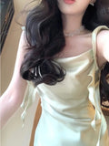 Daiiibabyyy Vintage Elegant Satin Strap Midi Dress Women Summer Casual Even Party Dress Pure Color Korean Fashion One Piece Dress Chic