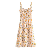 Daiiibabyyy  Vintage French Summer Orange Lemon Print Bandage Spaghetti Strap Midi Dress Women Hem Slit Bow Lacing Up Sling Dresses Vestido