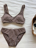 Daiiibabyyy  Moka Cocoa Retro Plaid Sexy Bikini Swimsuit Separate Strap Thermal Beach Pants Hot Springs Triangular Design Polyester Material