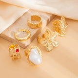 Daiiibabyyy  6Pcs/Set Fashion Imitation Pearl Crystal Stainless Steel Gold Color Ring for Women Engagement Party Gift Temperament Jewelry