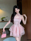 Daiiibabyyy  Princess Style Floral Lace Off-Shoulder Chiffon Dress Women's Summer Sleeveless Waist-Cinched Full Skirt Casual A-Line Dress