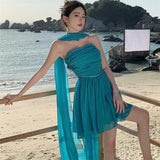 DAIIIBABYYY  -  Blue Sexy Strapless Princess Birthday Party Dress Summer Holiday Beads Belt A Line Mini Dress Slash Neck Ribbon Slim Short Skirt