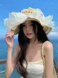 Daiiibabyyy Women Large Brim Summer Breathable Sun Straw Hat Seaside Cover Full Face Sunshade Sunscreen Hat Lace Straw Beach Sun Hat