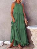 Daiiibabyyy Solid Casual Long Dress Women Summer Female Ruffle Pullover Beach Dresses Ladies Elegant Sleeveless Hollow Tie-Up Party Dress