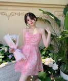 Daiiibabyyy  New Pink Romantic Floral Skirt Summer Slimming Solid Color Fashionable and Fresh Short Skirt Small Slim Strap Dress S6YW