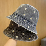 Daiiibabyyy Spring Denim Cartoon Flower Embroidery Bucket Hat Fisherman Hat Outdoor Travel Sun Cap For Girl And Women