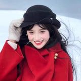 DAIIIBABYYY  -  High Quality Australian Wool Black Top Hats for Women Autumn Winter Casual Versatile Retro French Elegant Socialite Berets Cap